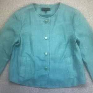Talbots Jacket Women 8 Blue 100% Linen Lined 4-Button Front Long Sleeve